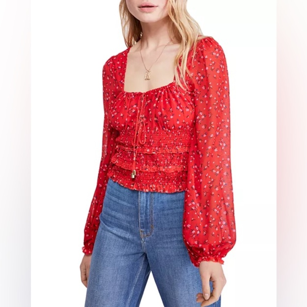 Free People Red Lolita Floral Peasant Top with Blouson Sleeves and Smocked Waist